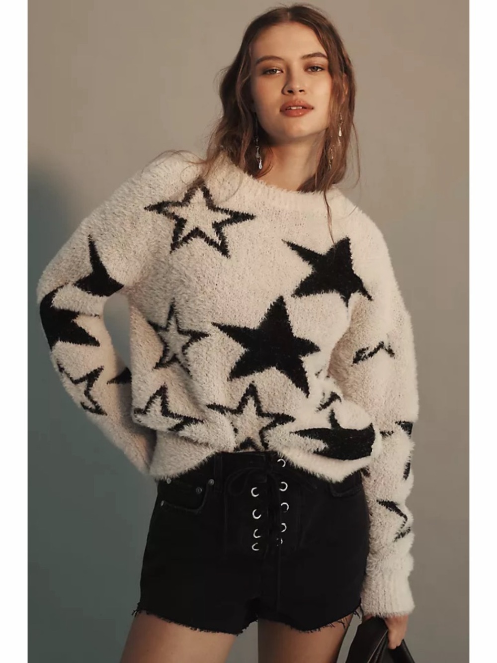 Anthropologie Pilcro Star Patterned Eyelash Sweater Size S Ivory Black Crewneck - Picture 3 of 10